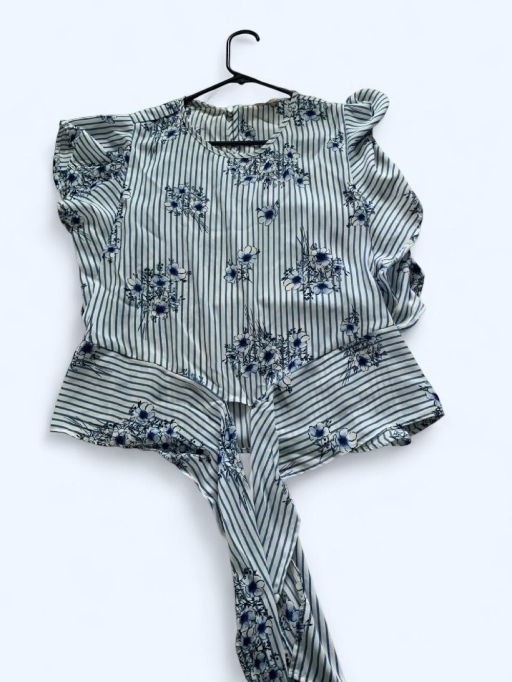 Monteau Blue and White Striped Floral Tie-Front Blouse